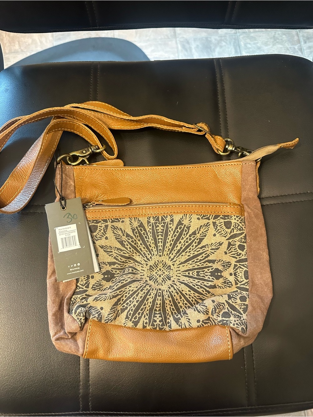 Myra Bag Tan and Beige Crossbody with Floral Medallion